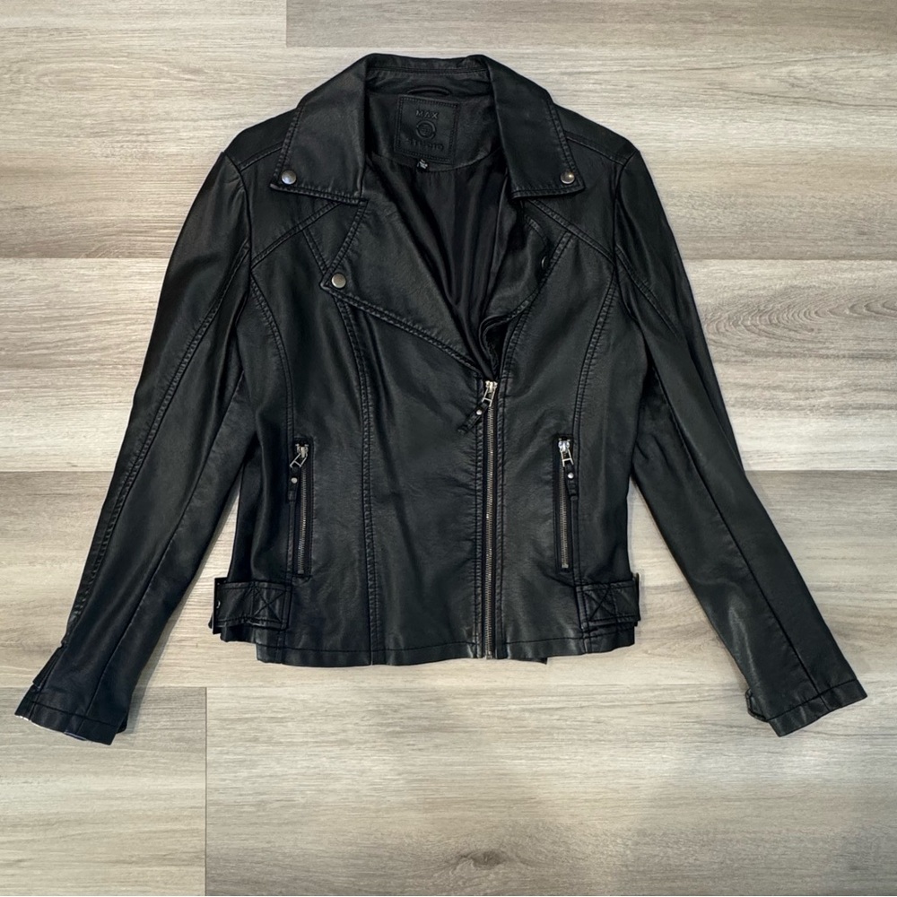 Max Studio Women Black Faux Leather Motorcycle Style Jacket Size L